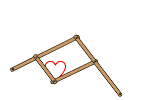 Animation : un pantographe en bois, quatre barres articulées ; pendant qu'une pointe suit un petit cœur rouge, l'autre trace le même cœur en vert, deux fois plus grand.